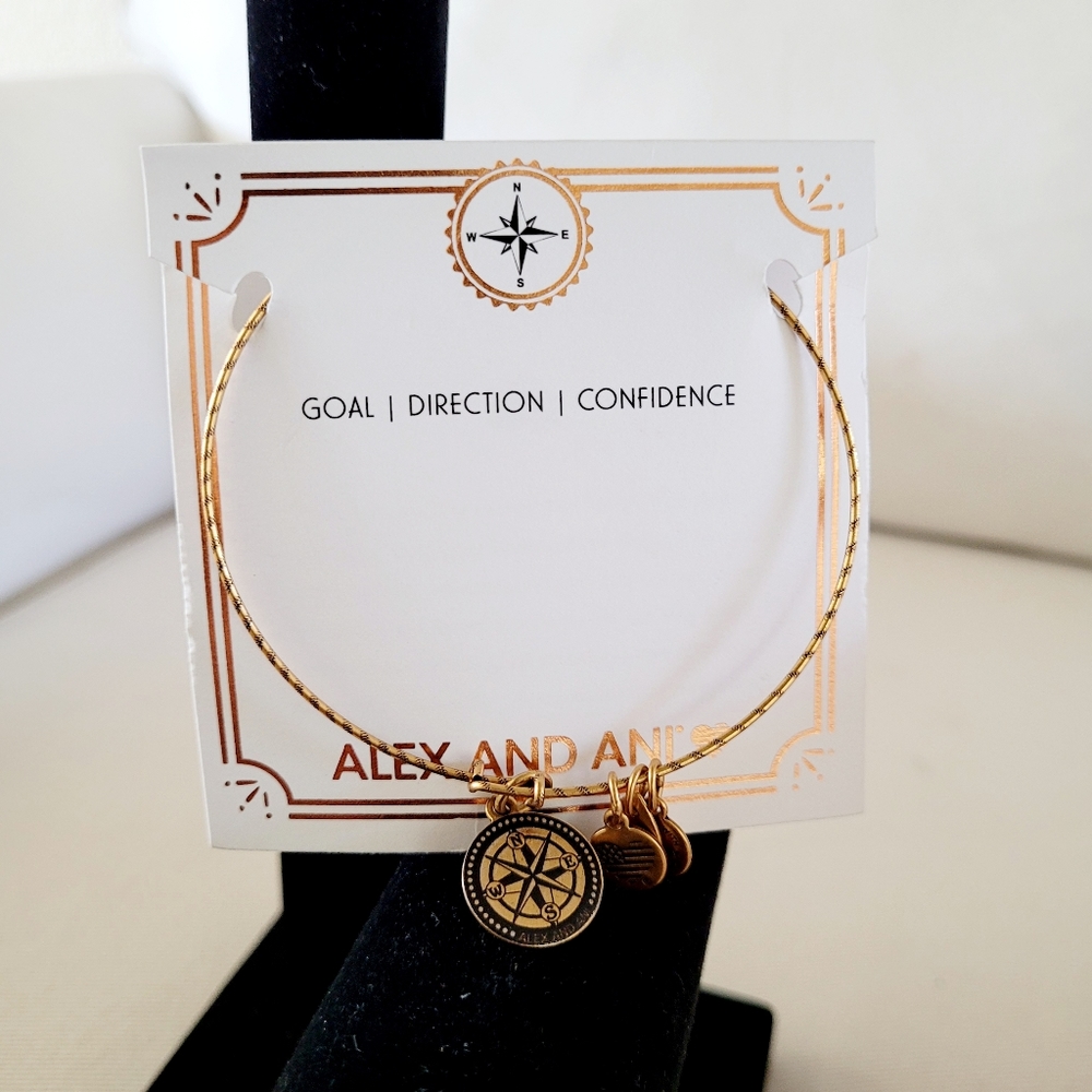 Alex & Ani Compass Charm Gold Tone Bangle Bracelet- New